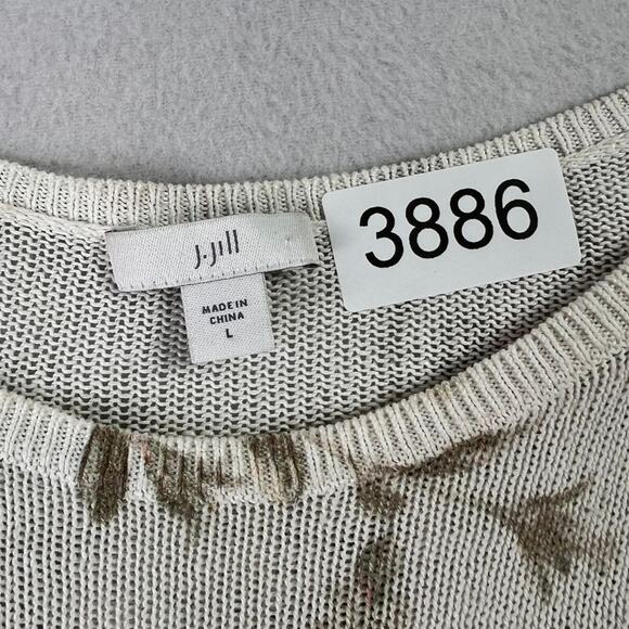 J Jill Blouse Womens L Ivory Pink Floral Linen Blend 3/4 Sleeve Loose Open Knit - Picture 5 of 8